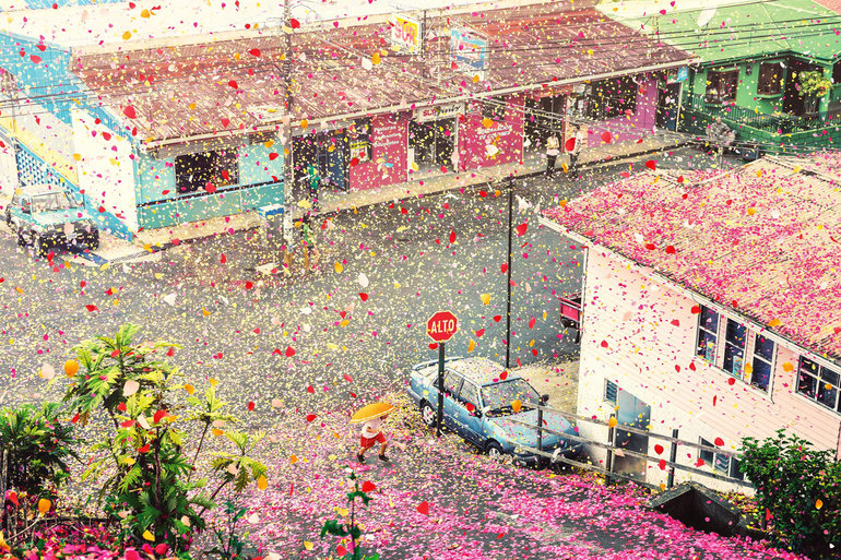 Flower Petals Over Town In Costa Rica for Sony advert